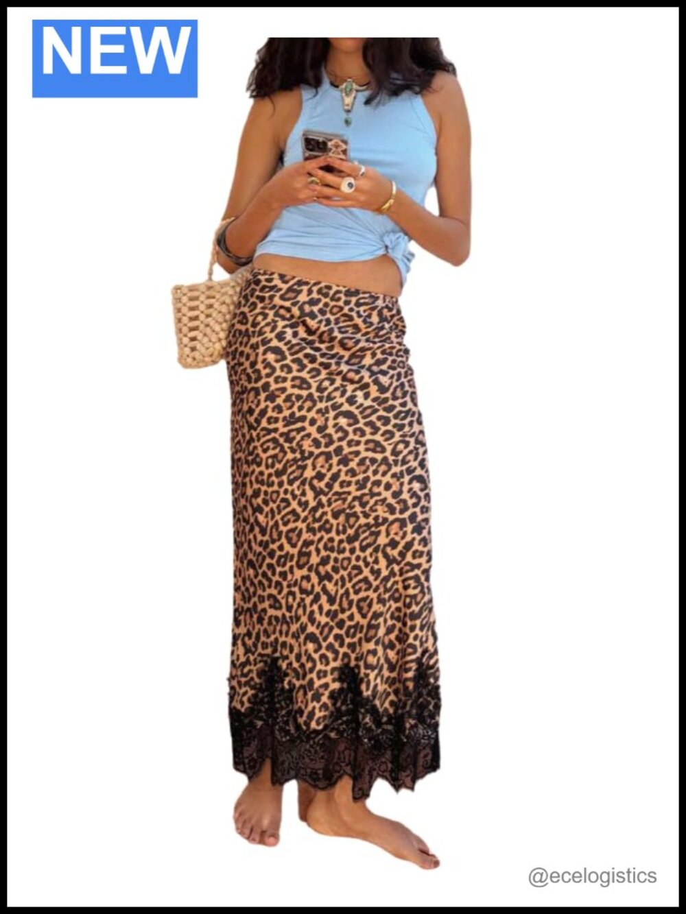Wuitrie Women's Leopard Print Lace Panel Maxi Skirt